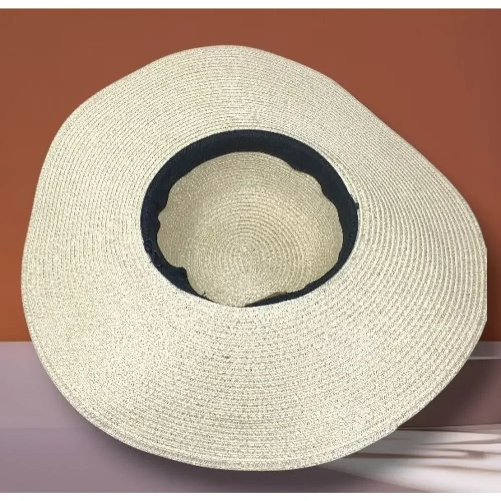 Debra Weitzner Sz M Wide Brim Sun Hat Natural Woven Straw Black Ribbon Band